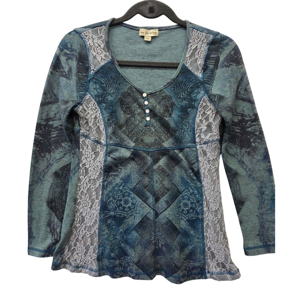 Live and Let Live Women Blue Geometric Print Lace Panel Henley Top Small